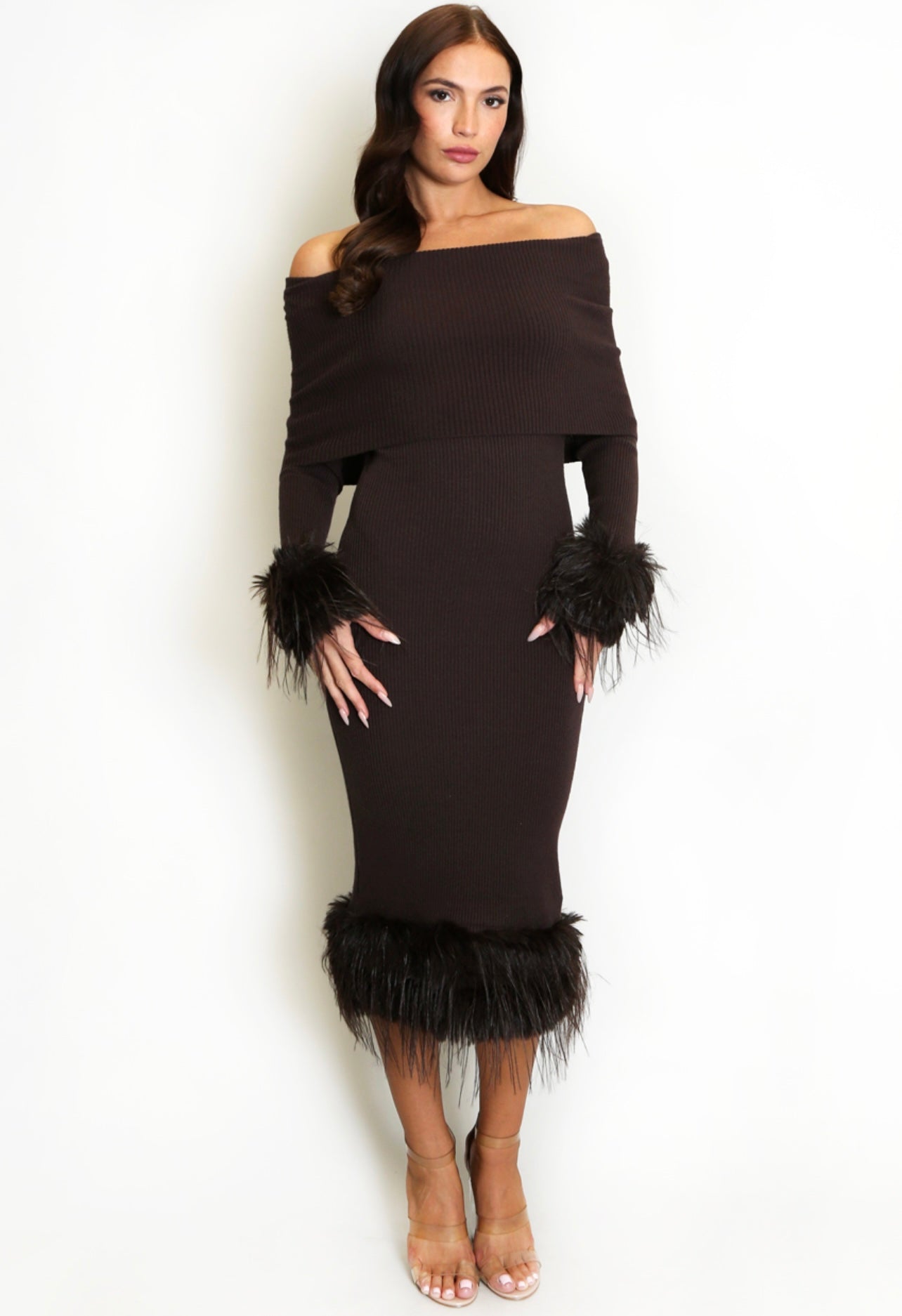 Brown Fur Cuffs Bardot Dress
