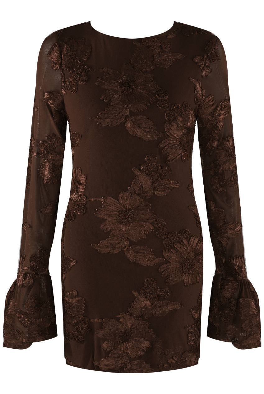 Brown Floral Lace Lined Mini Dress