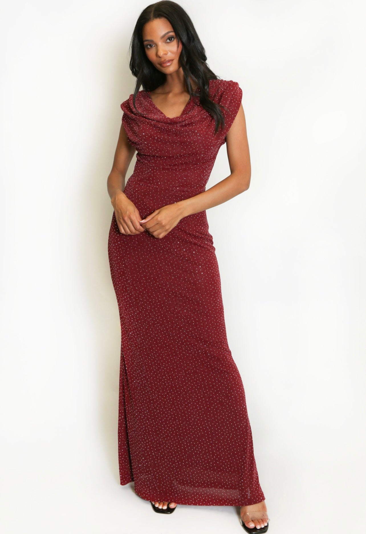 Burgundy Studded Drape Neck Maxi Dress
