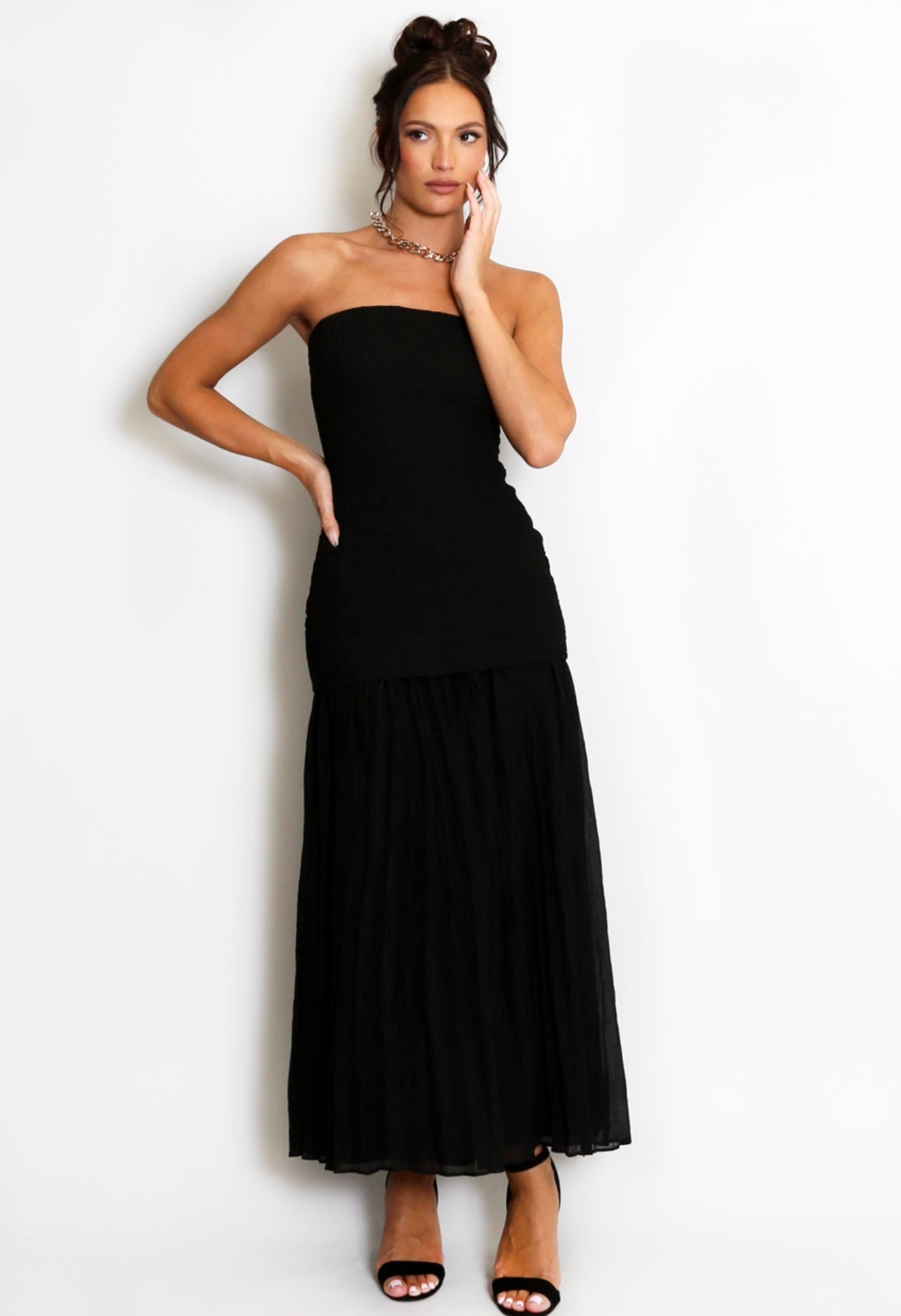Black Chiffon Pleated Bandeau Maxi Dress