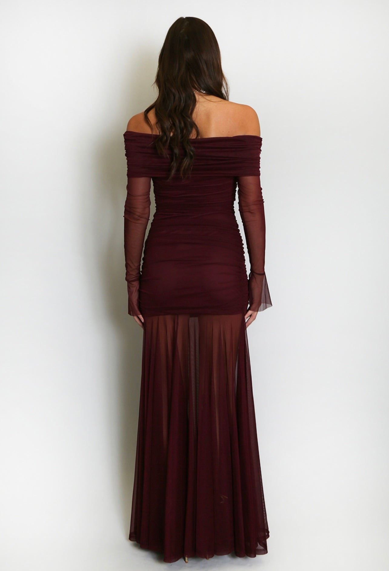 Wine Mesh Hem Bardot Maxi Dress