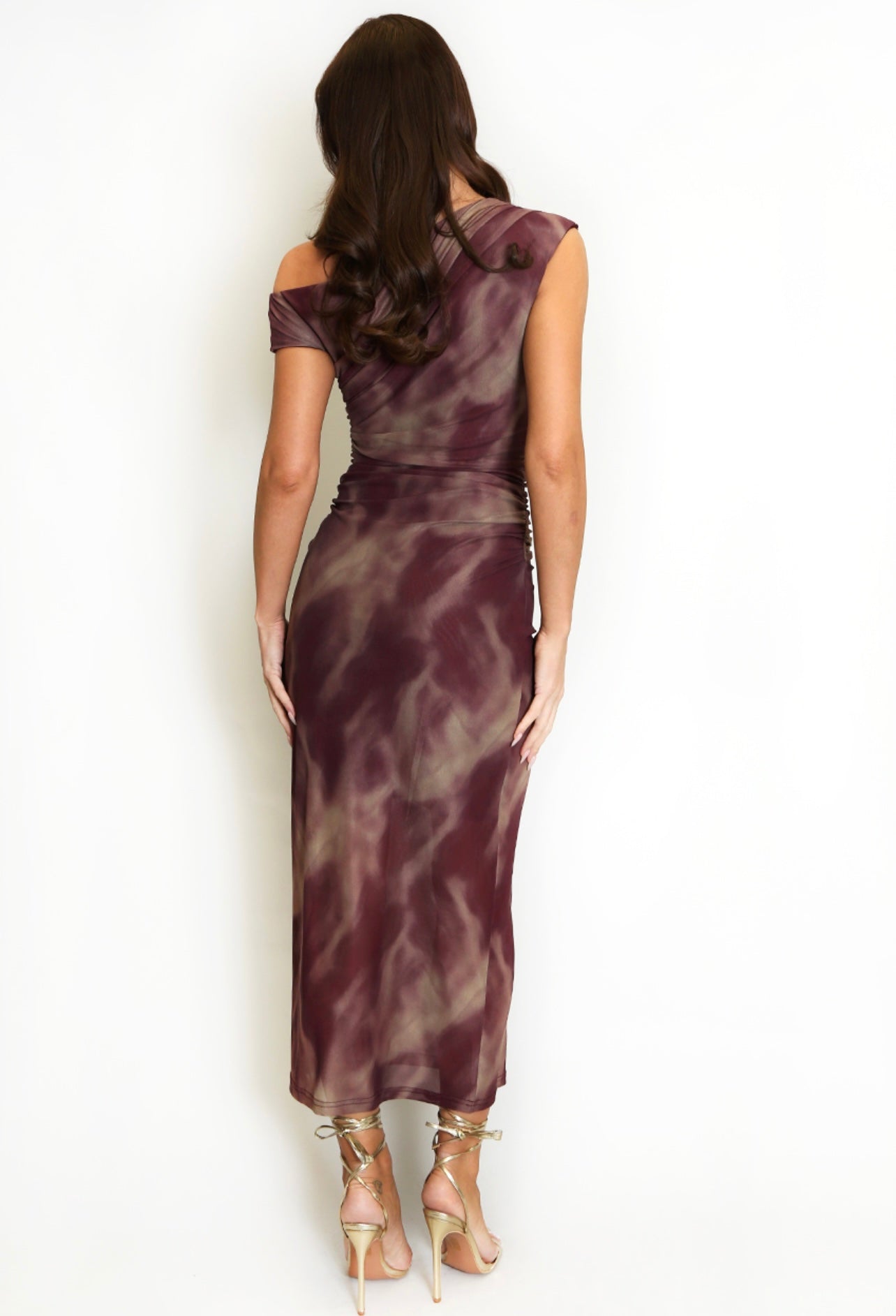 Burgundy Marble Print Asymmetric Shoulder Maxi Dress