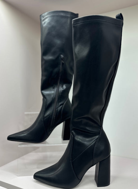 Black knee-high block heel boots