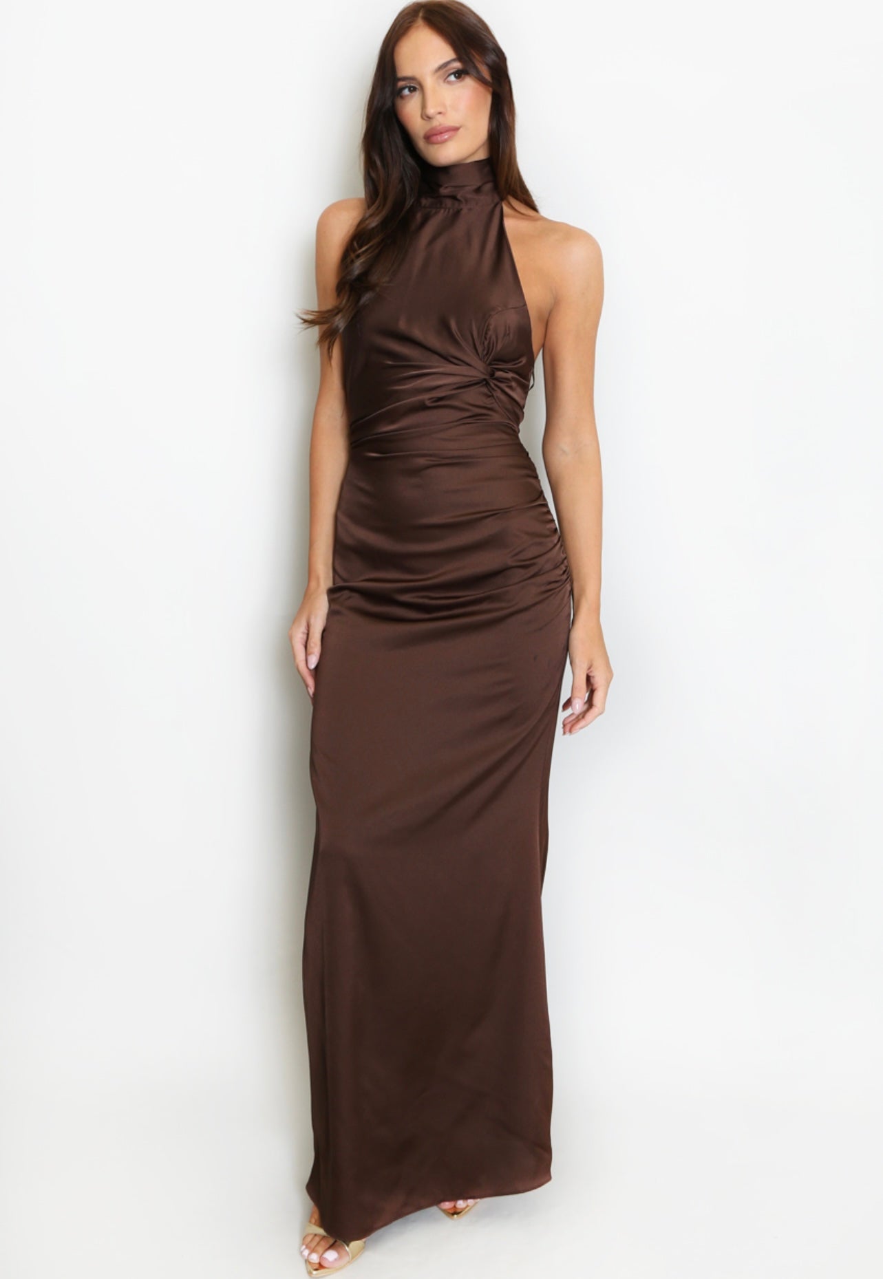 Brown Ruched Halter Neck Maxi Dress