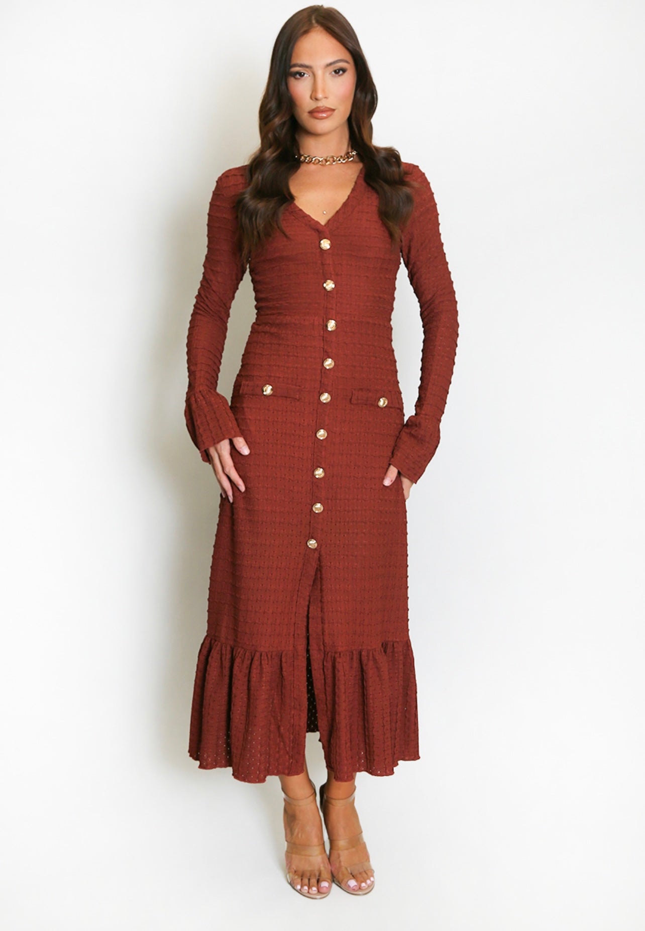 Burgundy Classic Midi Dress With Flare Cuff And Hem