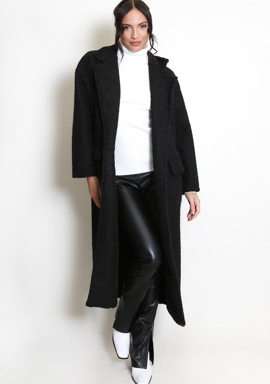 Black Boucle Double Button Oversized Coat