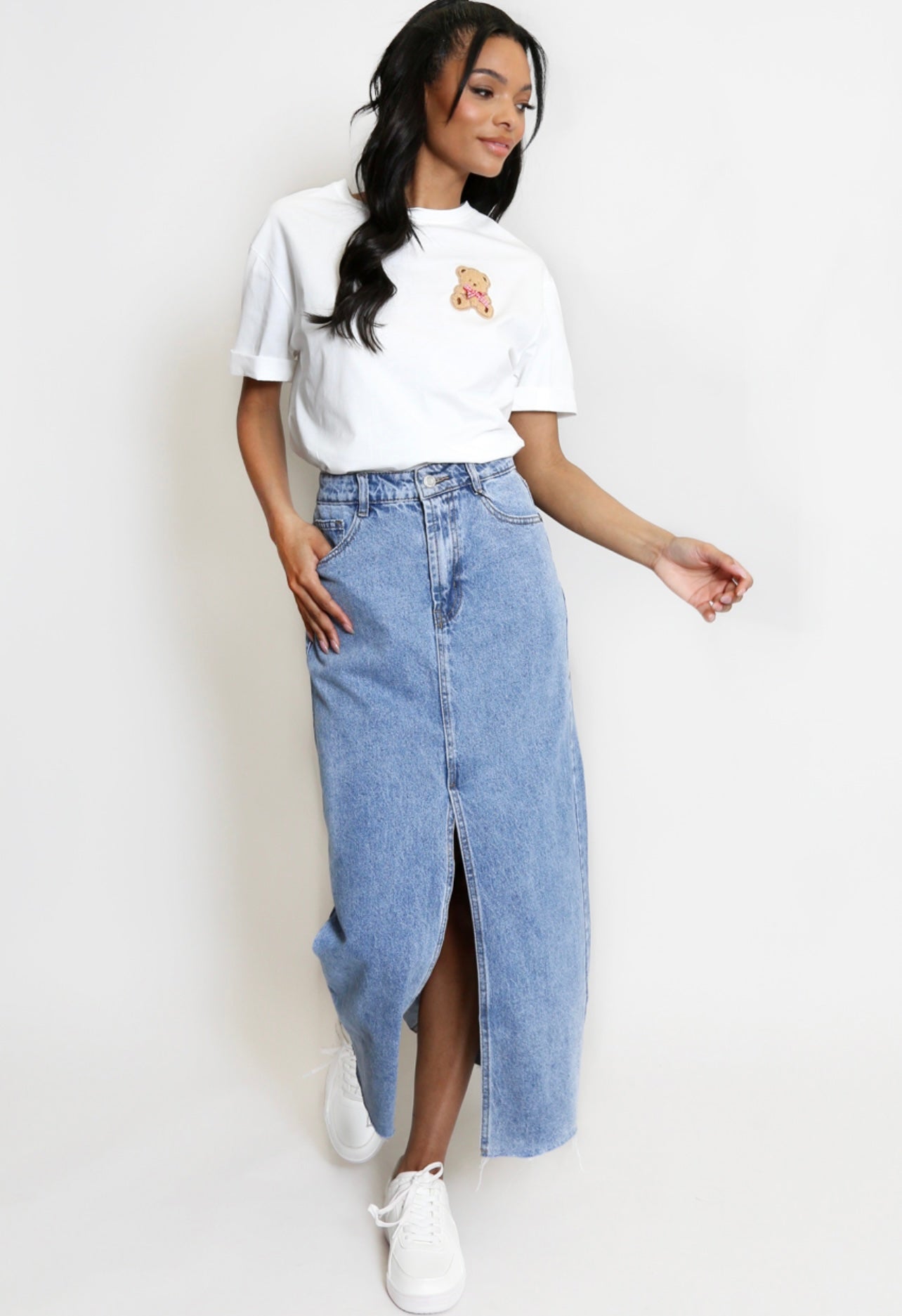 Mid Blue Front Slit Denim Skirt