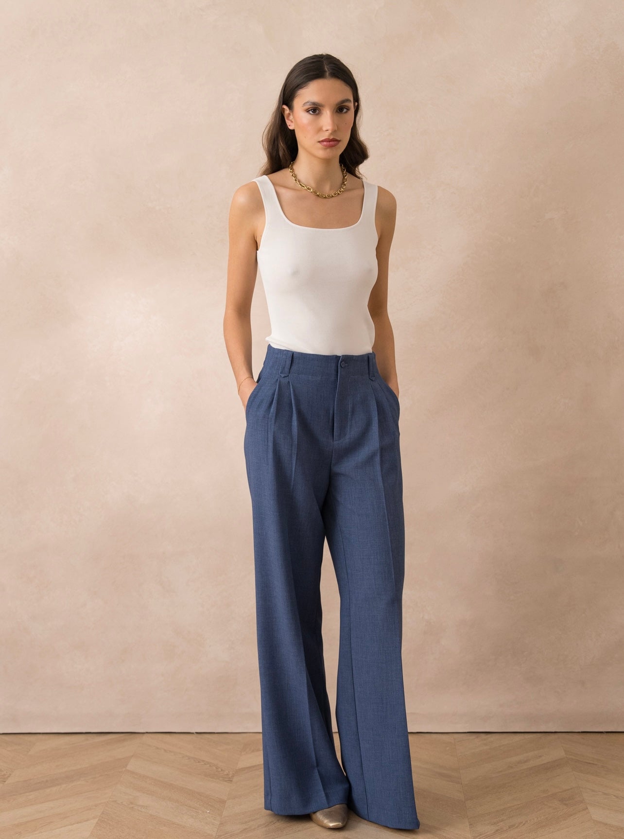 Denim Blue Tailored Single Pleat Wide Leg Trousers