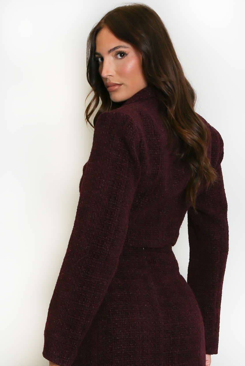 Burgundy Tailored Tweed Cropped Blazer