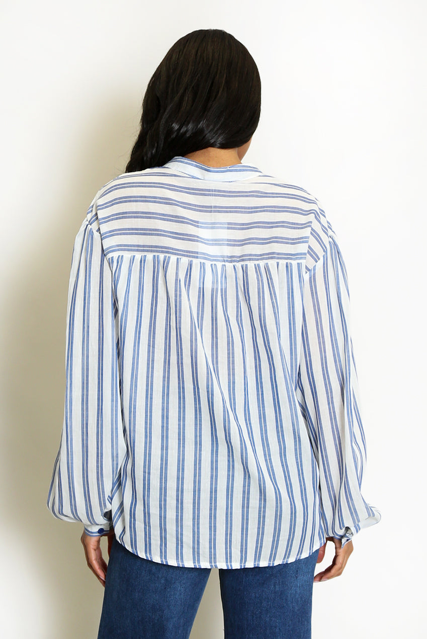 Blue Leaf Embroidered Striped Blouse