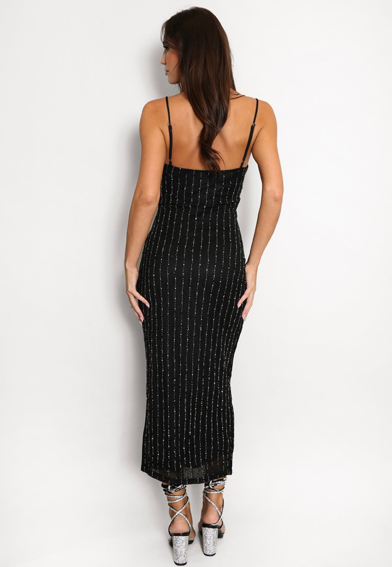 Black Diamante Embellished Strappy Midi Dress