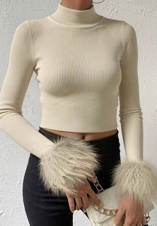 Beige Fur Cuff Fine Knit Ribbed Jumper