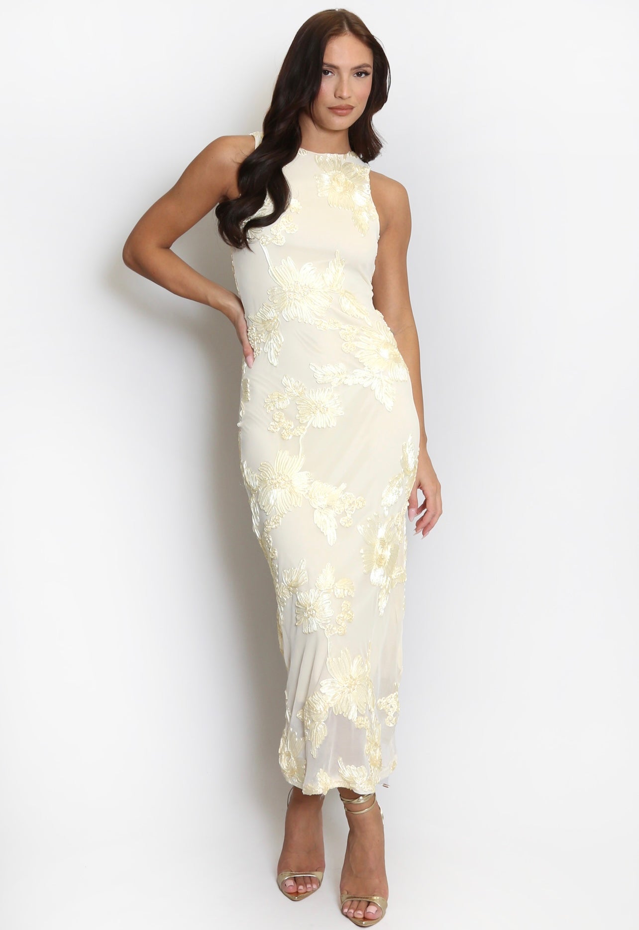 Lemon Floral Lace Lined Sleevless Midi Dress