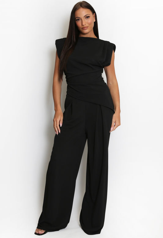 Black Asymmetric Hem Top And Wide Leg Trouser Co-Ord