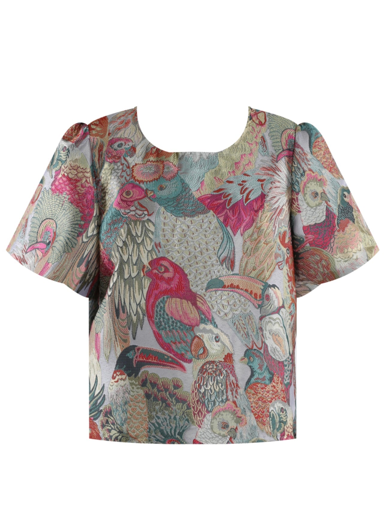 Pink Jacquard Bird Print Short Sleeve Top