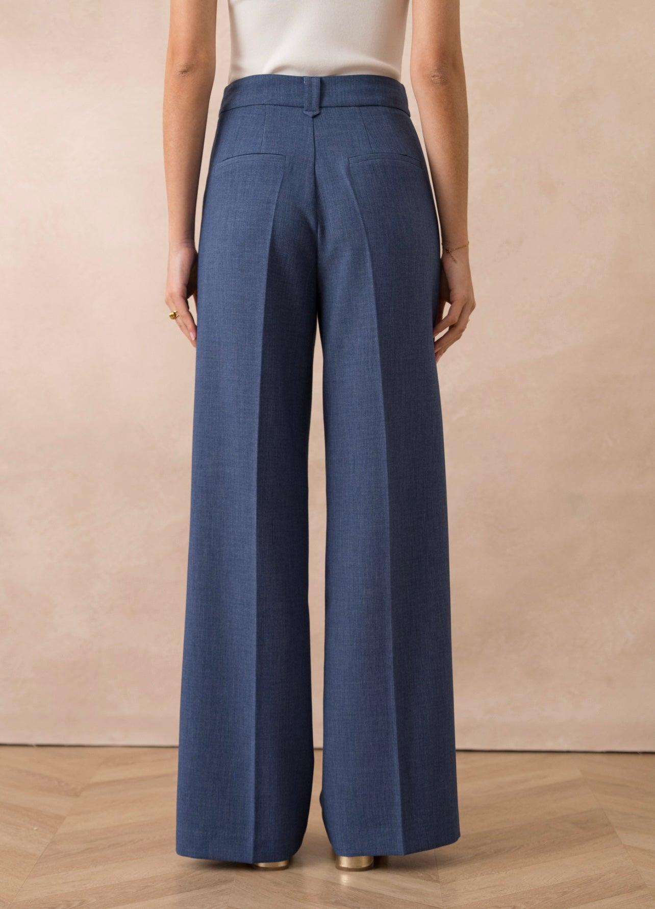 Denim Blue Tailored Single Pleat Wide Leg Trousers