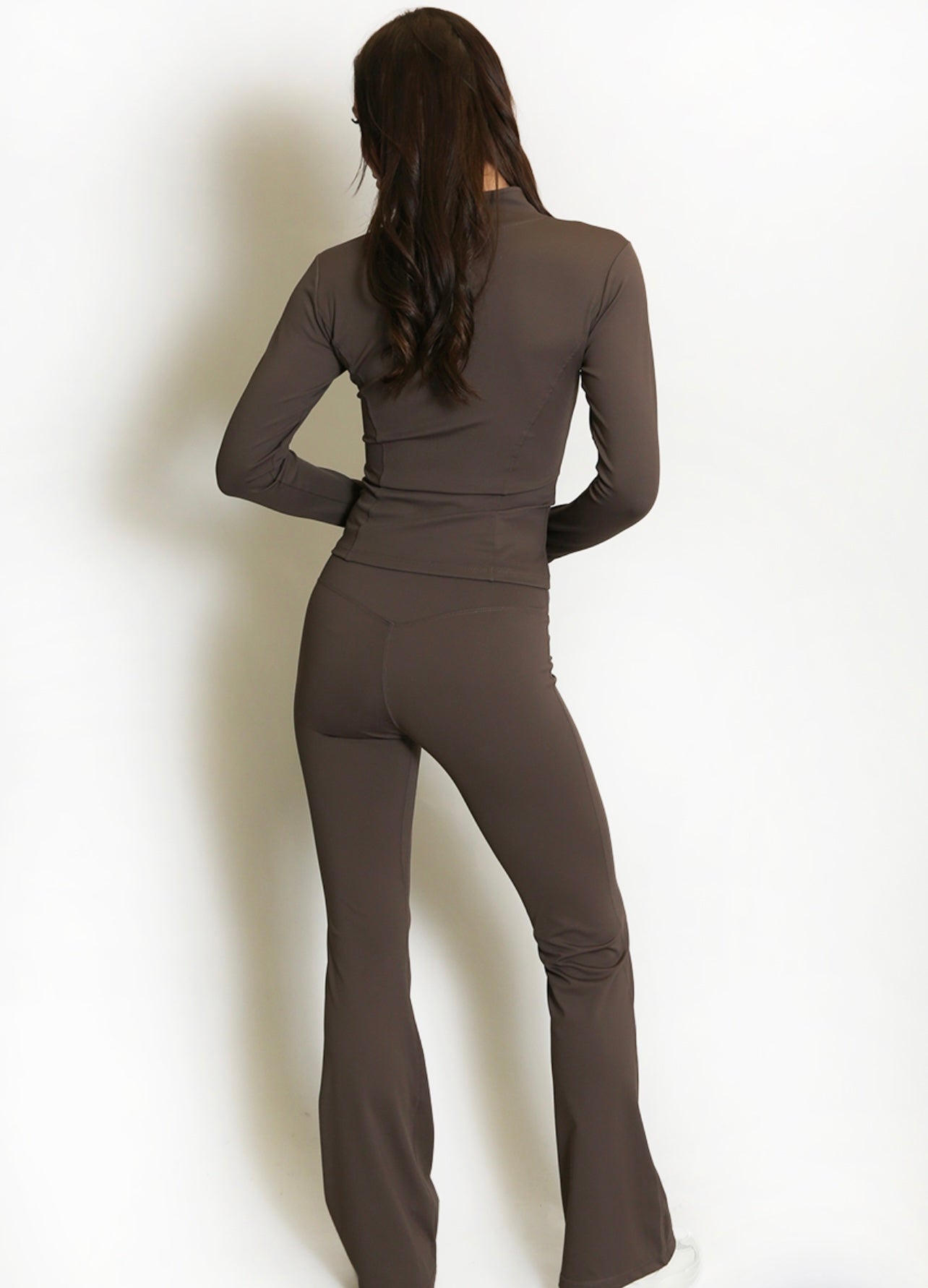 Brown Zip Front Gym Jacket And Flare Trouser Set