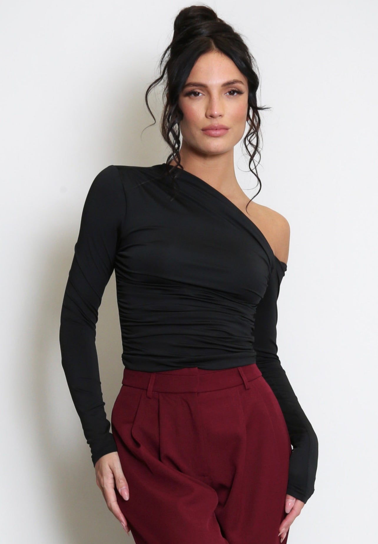 Black Long Sleeve Crop Top With Asymmetric Neckline