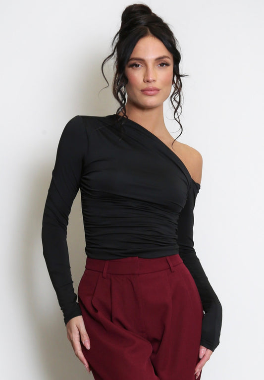 Black Long Sleeve Crop Top With Asymmetric Neckline
