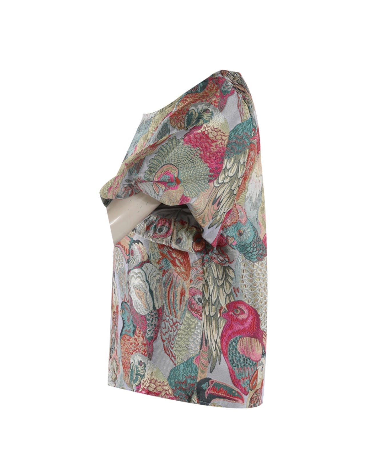 Pink Jacquard Bird Print Short Sleeve Top