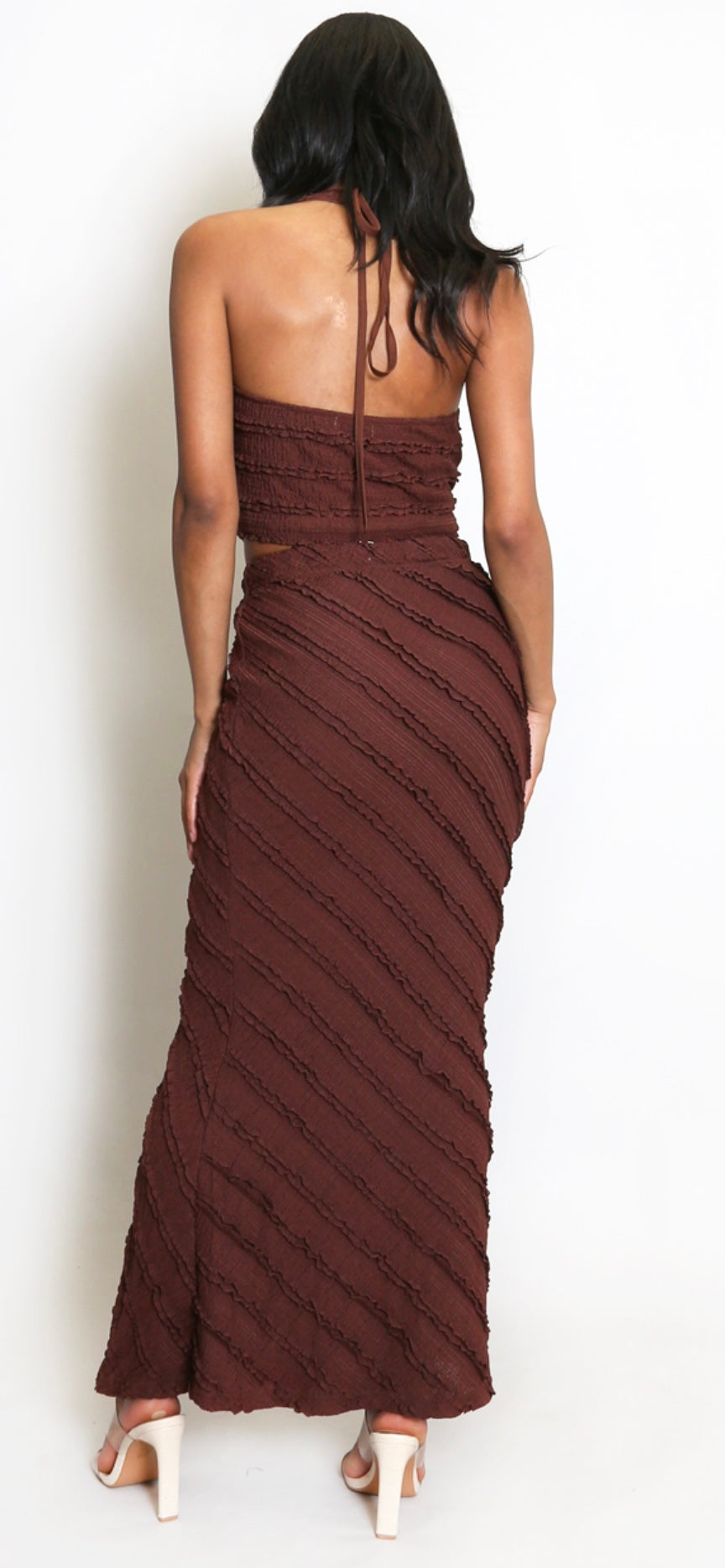 Brown Twist Front Halter Neck Top And Skirt Set