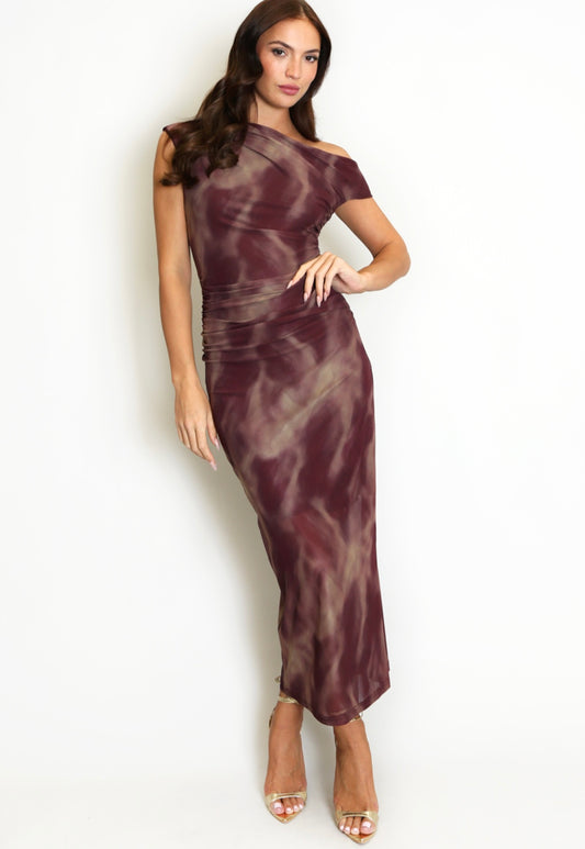 Burgundy Marble Print Asymmetric Shoulder Maxi Dress