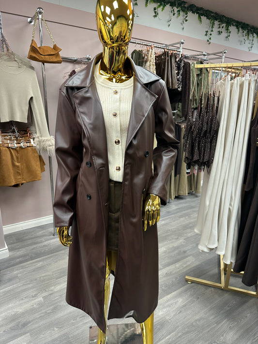 Chocolate Faux Leather Trench Coat