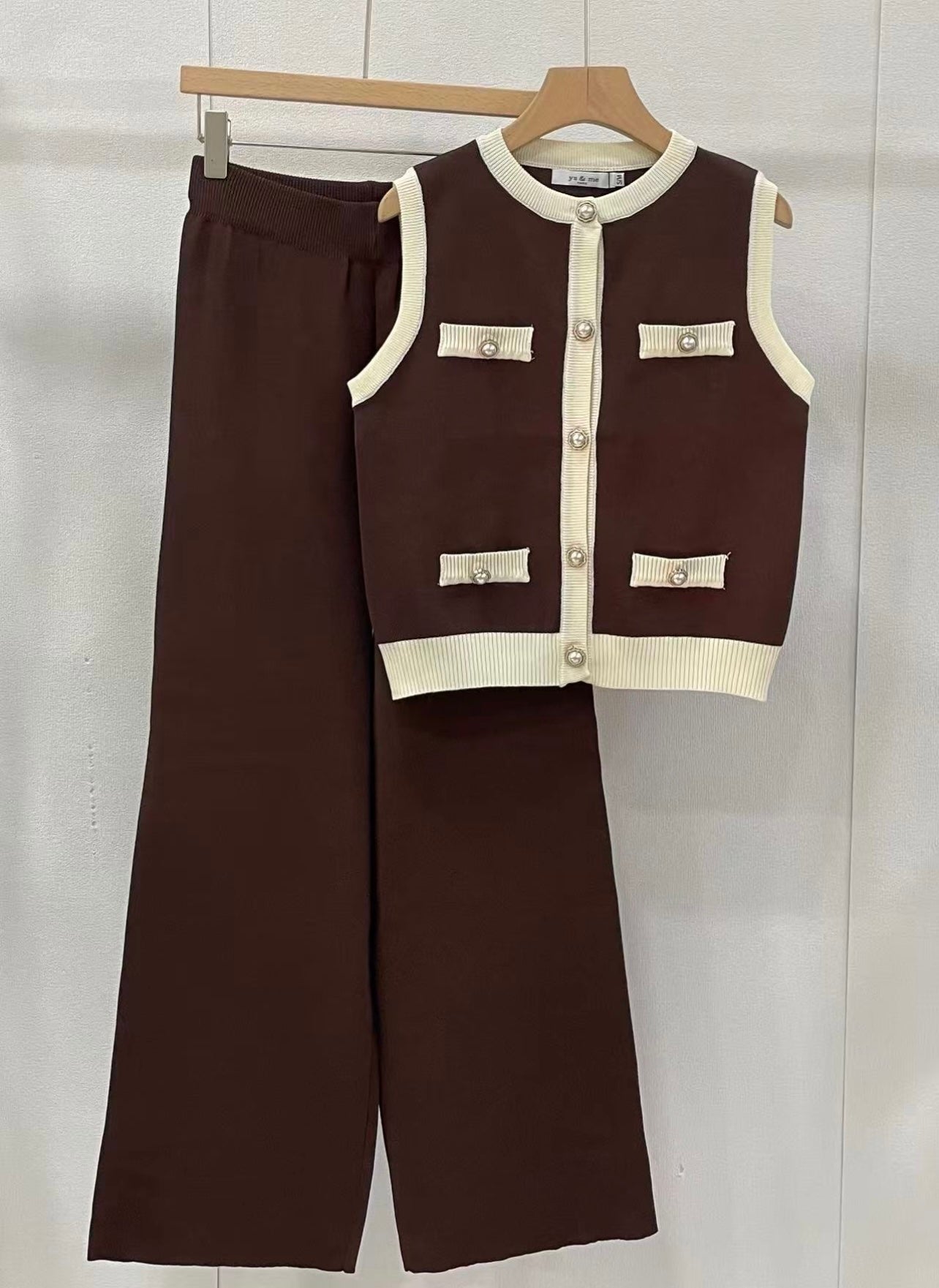 Brown Ribbed Contrast Trim Waistcoat and Wide Leg Trousers Set