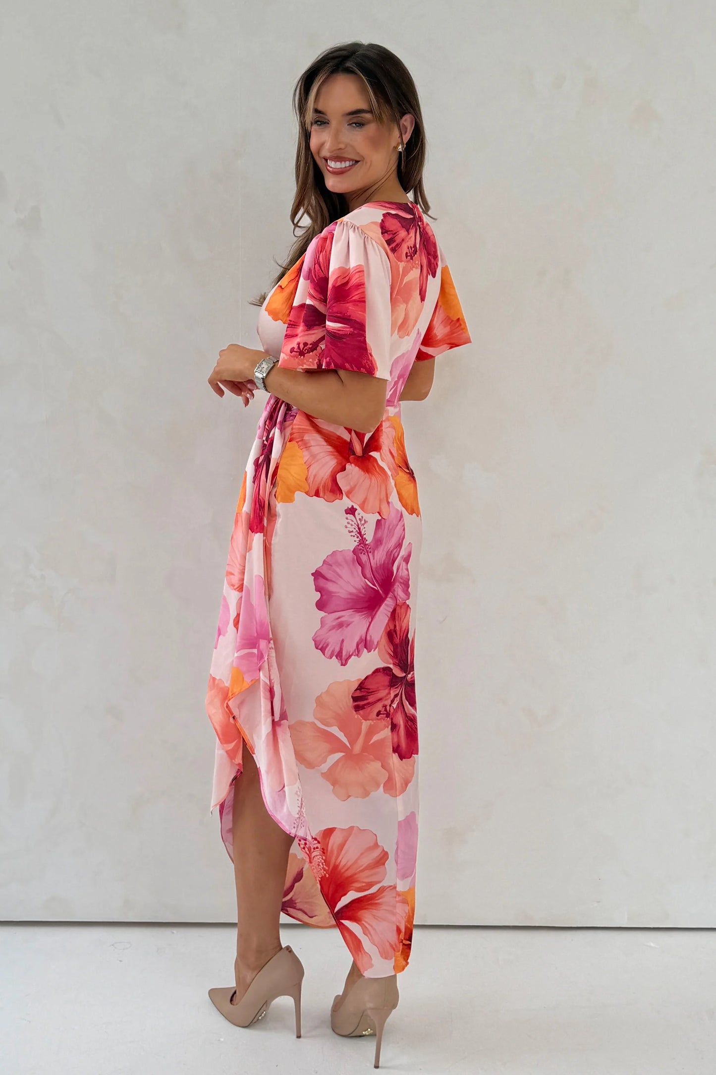 Drew Puff Sleeve Wrap Front Midi Dress Floral Print