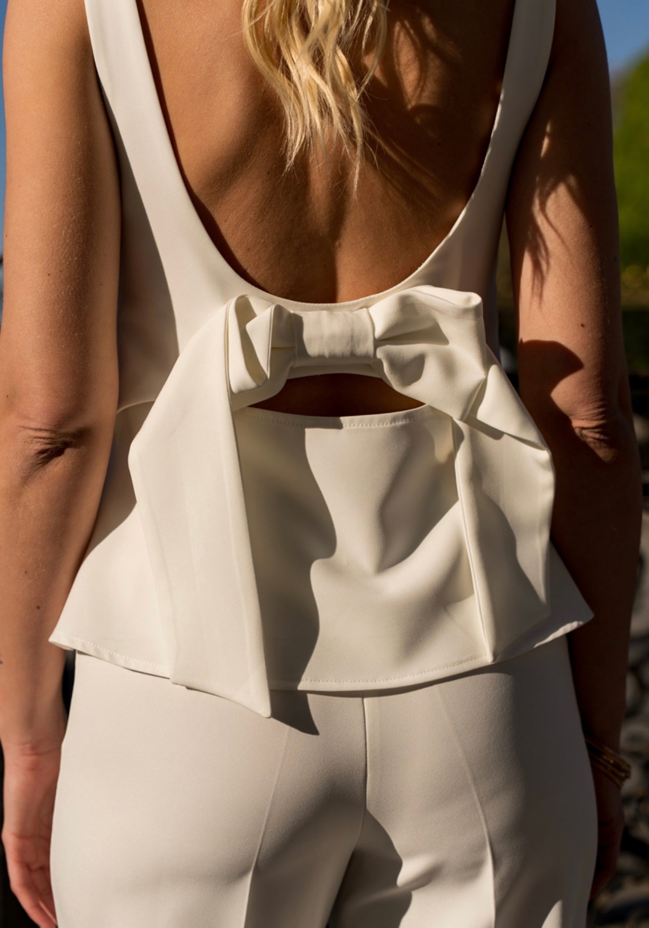 White Tailored Bow Back Top
