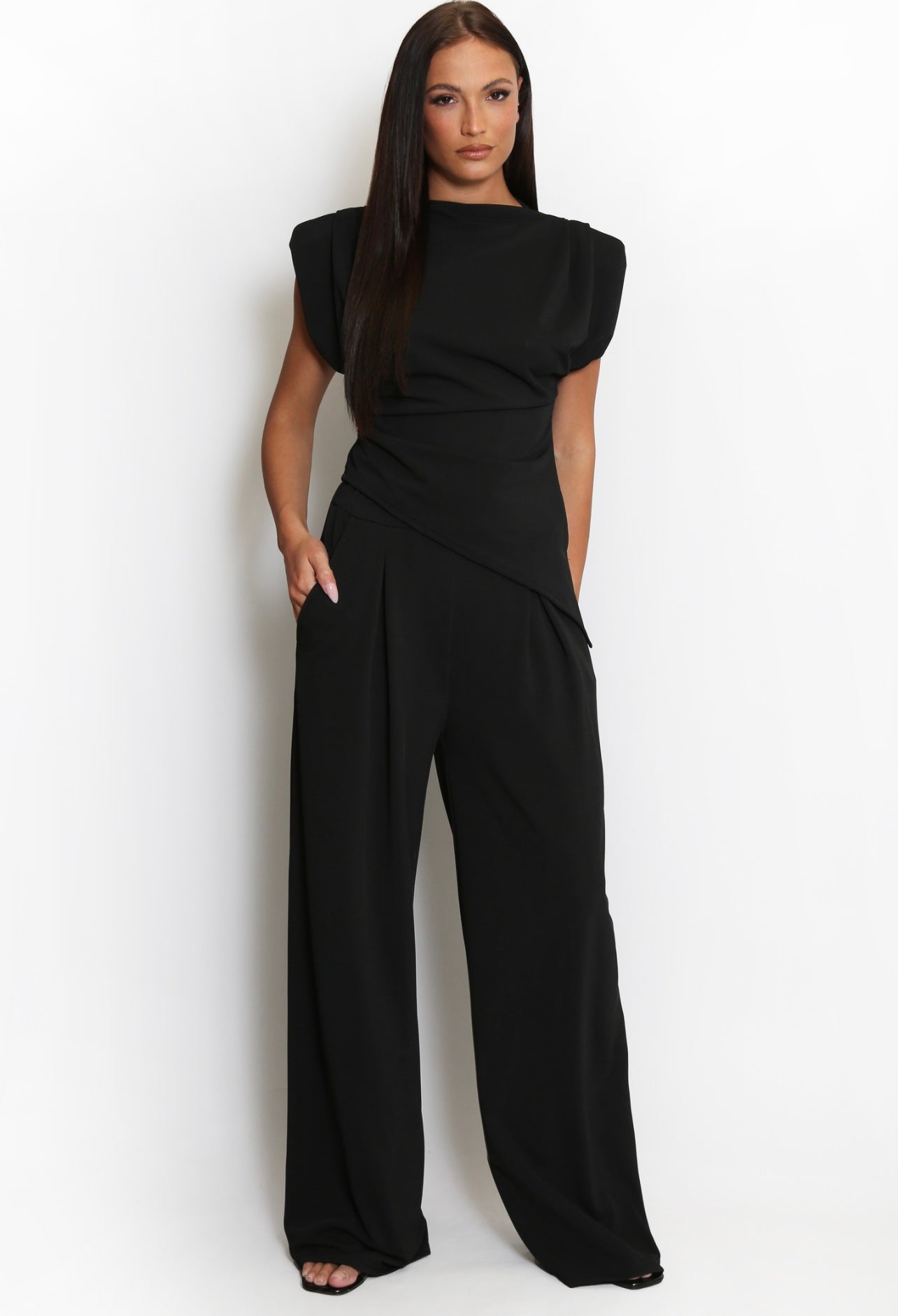 Black Asymmetric Hem Top And Wide Leg Trouser Co-Ord