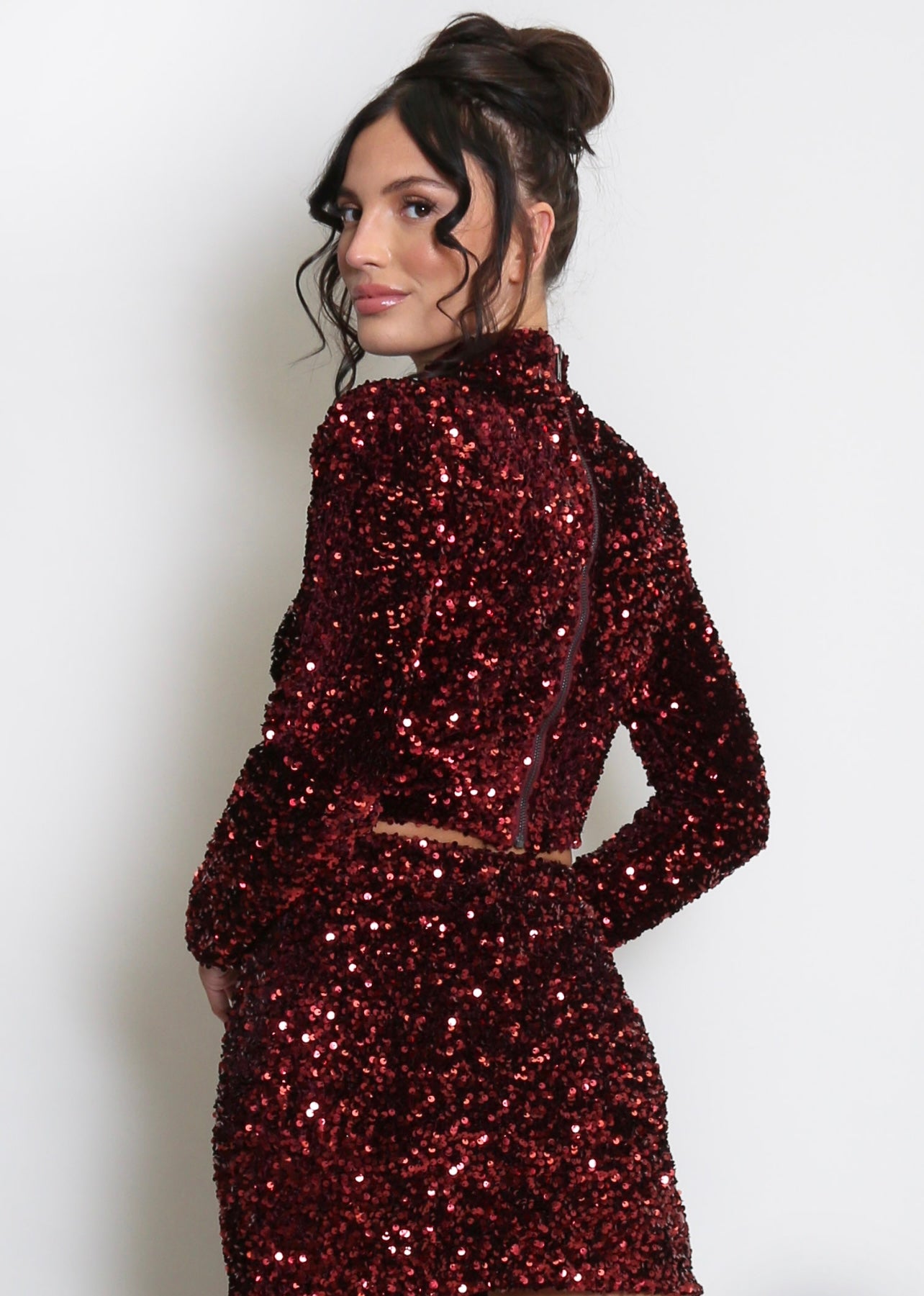 Wine High Neck Sequin Long Sleeve Top