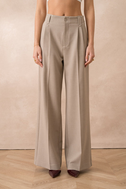 Taupe Tailored Single Pleat Wide Leg Trousers