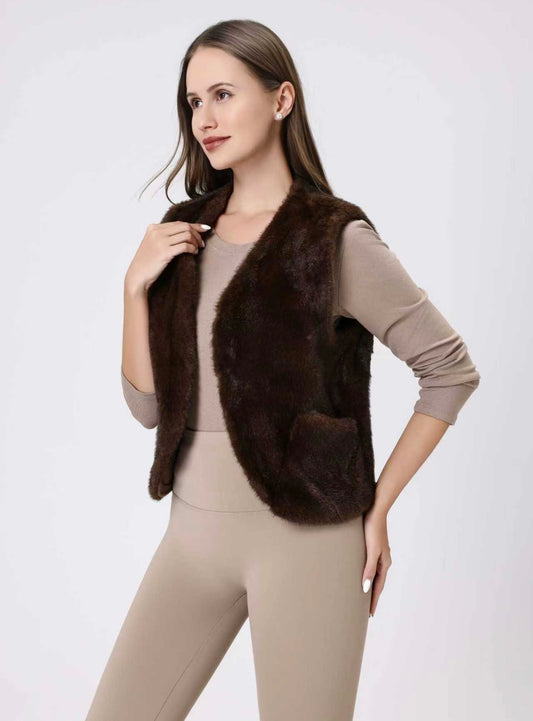 Brown Faux Fur Open Waistcoat