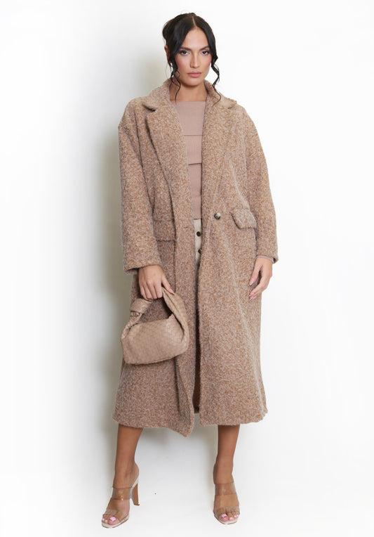 Taupe Boucle Double Button Oversized Coat