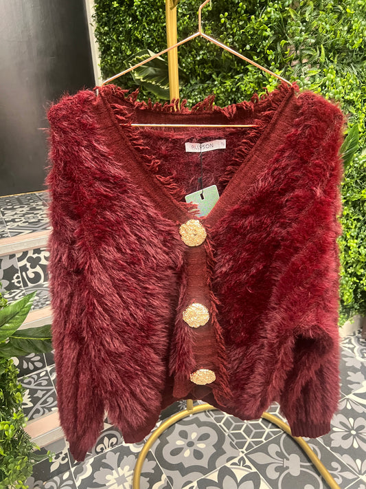 Burgundy Soft Knit Cardigan With Statement Buttons