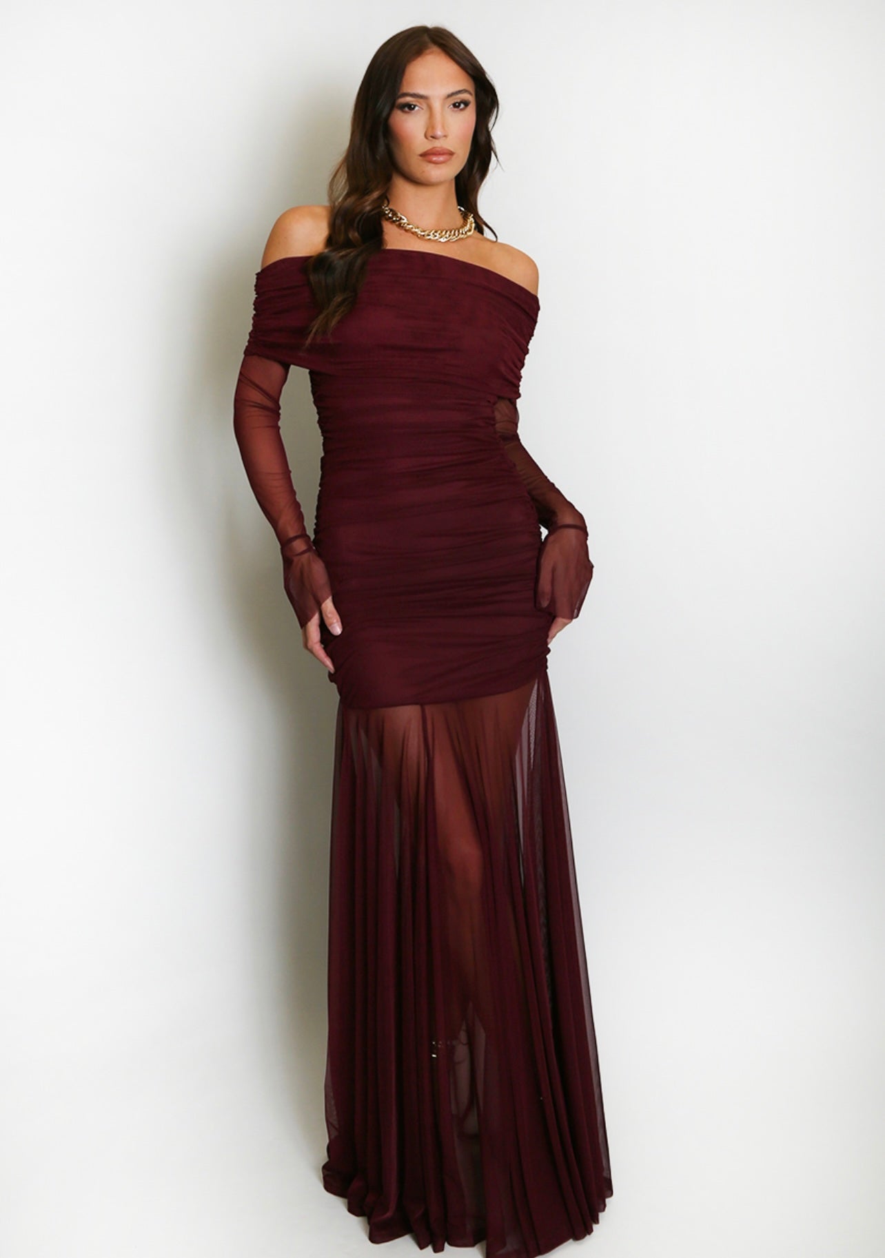 Wine Mesh Hem Bardot Maxi Dress