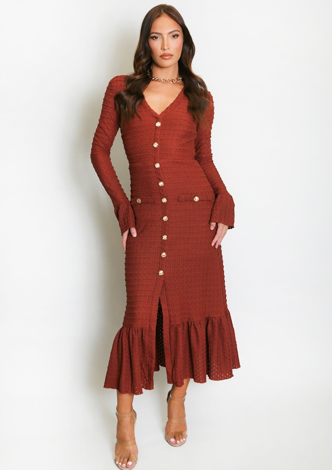 Burgundy Classic Midi Dress With Flare Cuff And Hem
