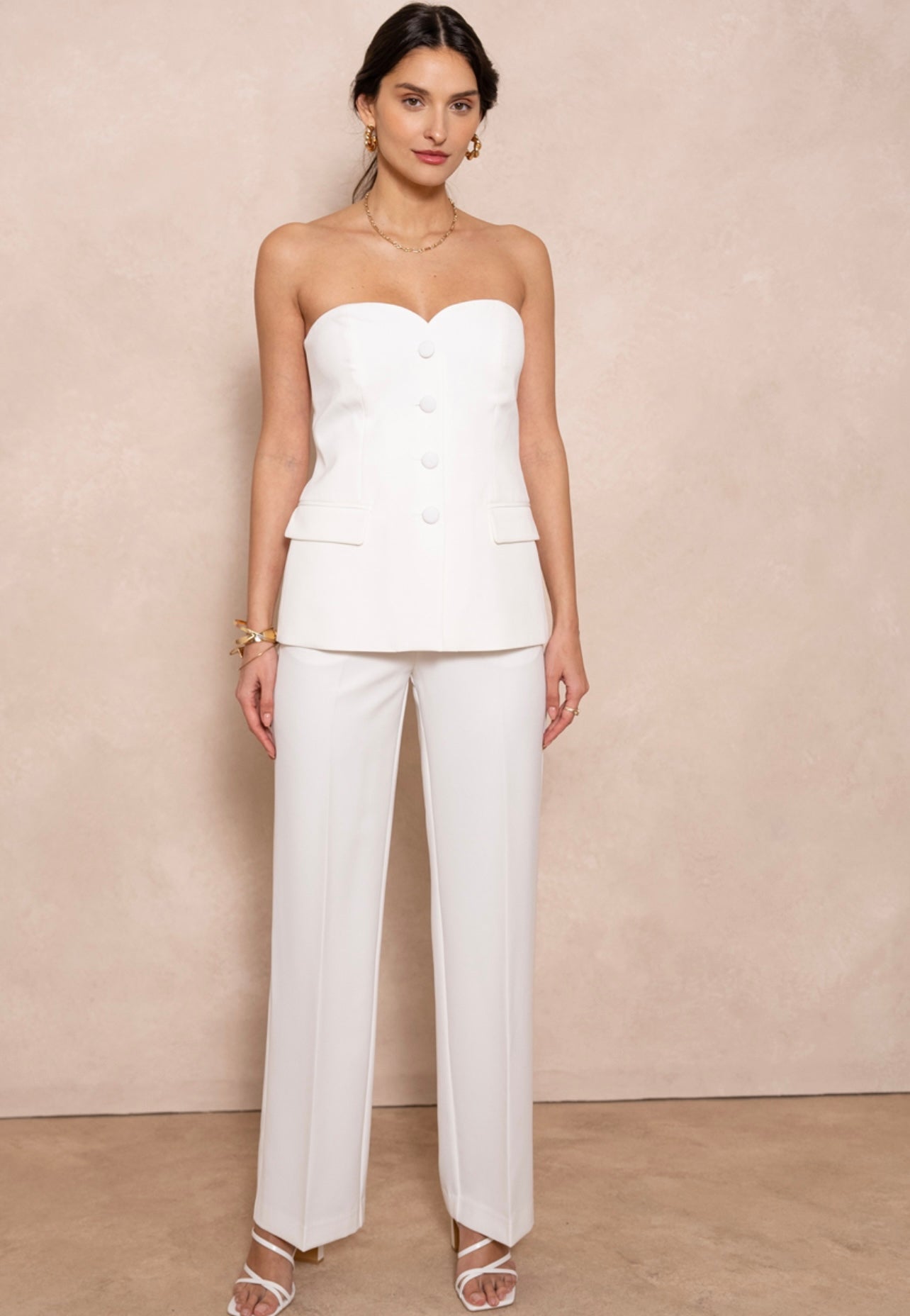 White Tailored Button Front Bandeau Top