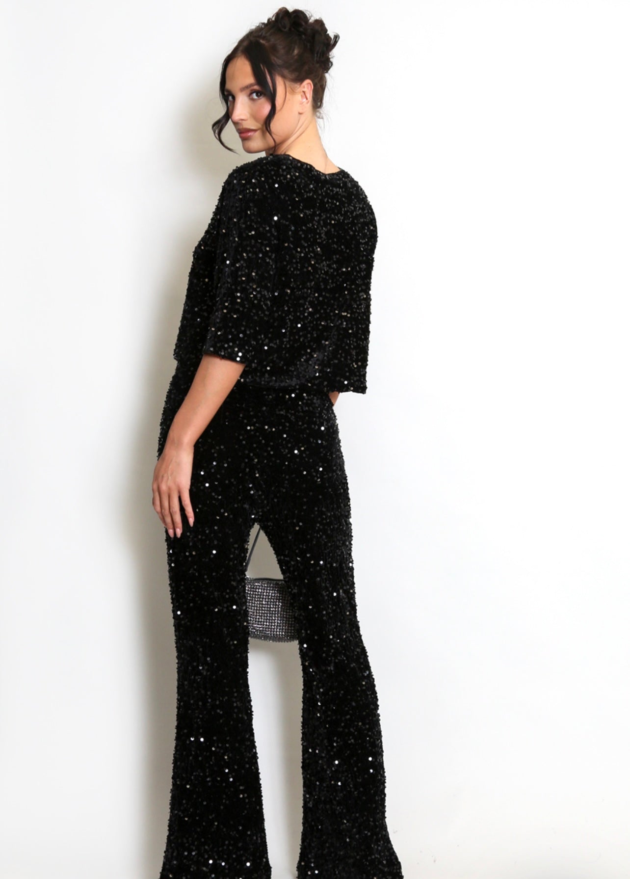 Black Sequin Flare Leg Trousers