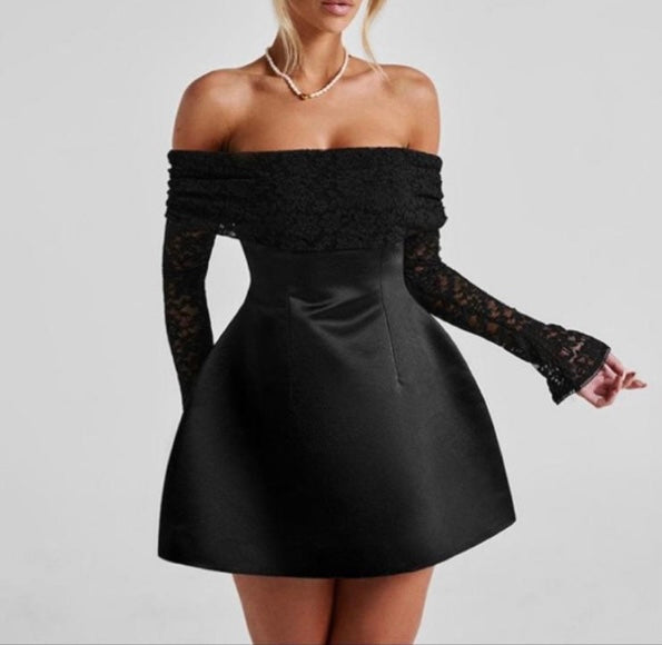 Black Off Shoulder Lace Mini Dress