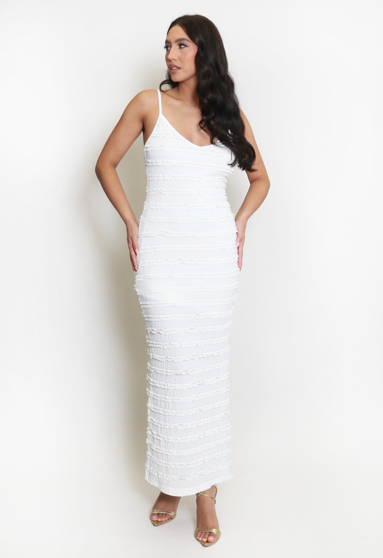 Cream Textured Tie Front Strappy Midi Dress
