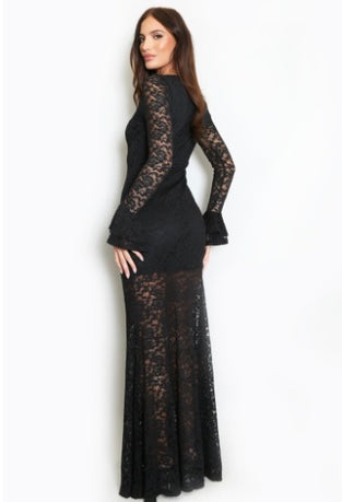 (PRE-ORDER)Black Lace Flare Cuffs Maxi Dress