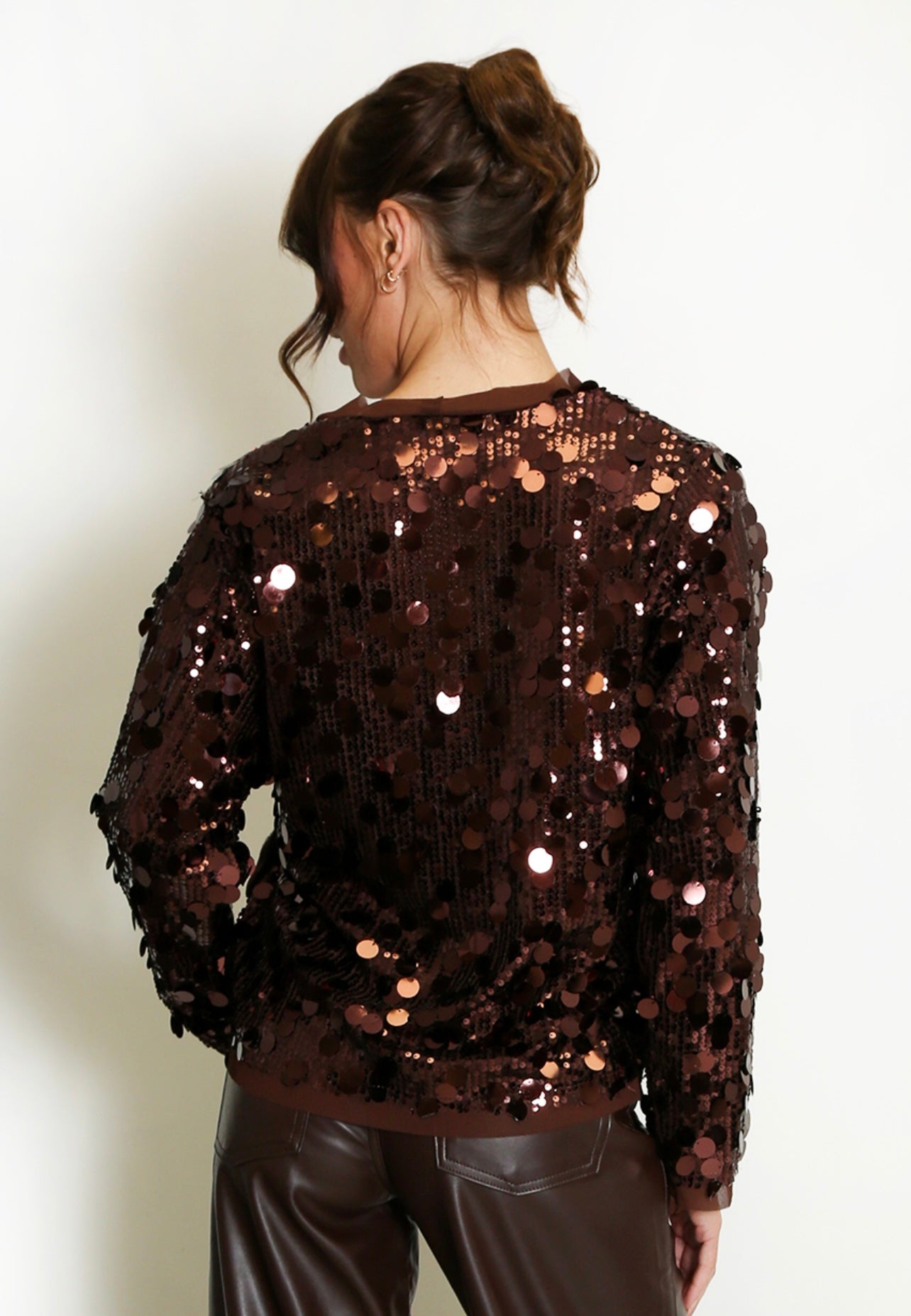 Brown Disc Sequin Wrap Blouse