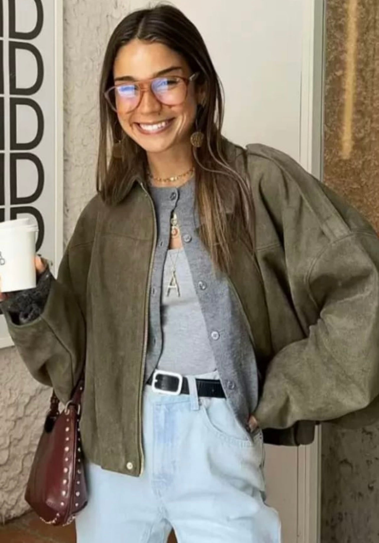 Khaki Oversized Faux Suede Jacket