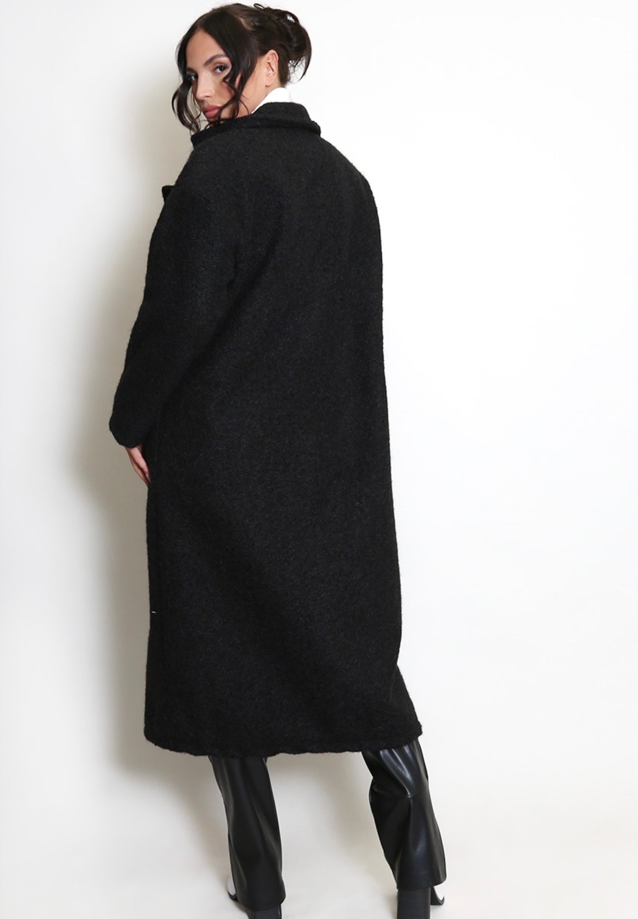 Black Boucle Double Button Oversized Coat