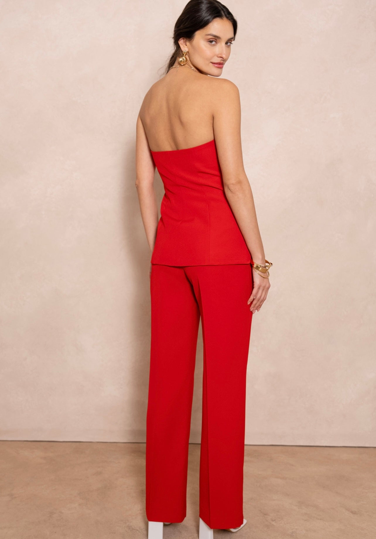 Red Tailored Button Front Bandeau Top