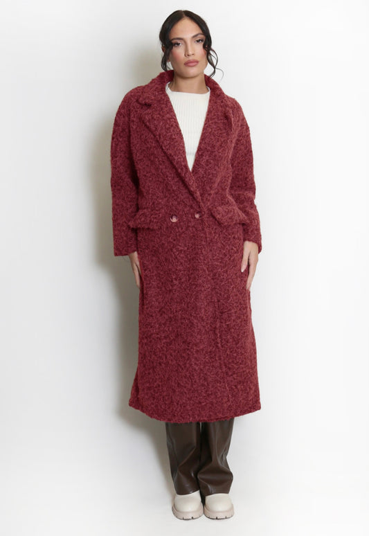 Wine Boucle Double Button Oversized Coat
