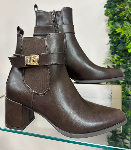 Buckle Detail Brown Block Heel Ankle Boots