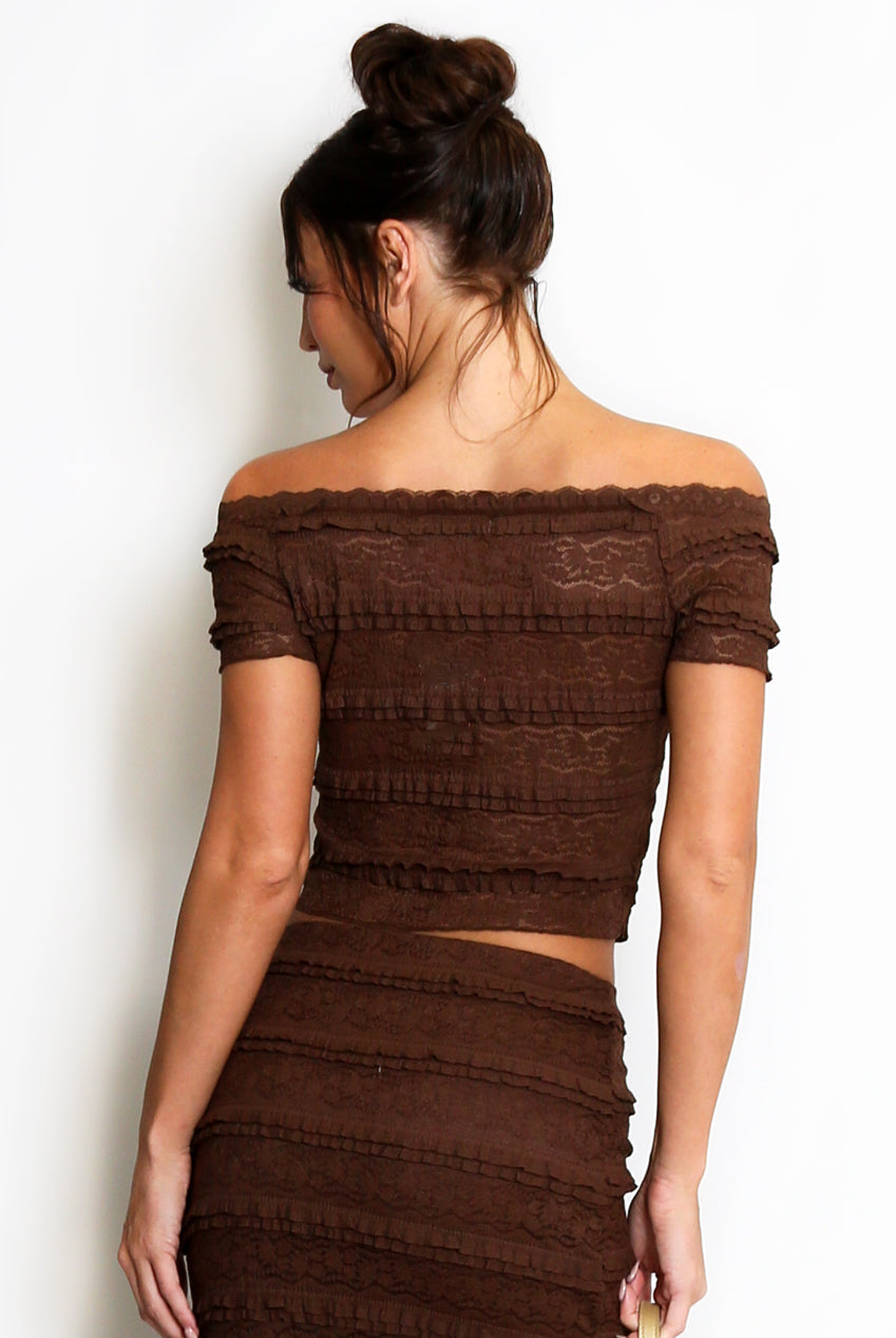 Brown Lace Panelled Bardot Top